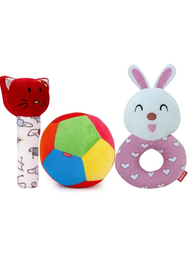 Super Saver Soft Polyester Toy For Infant Combo(3-In-1): Kitty Rattle, Bunny Rattle, And 11Cm Ball, Red