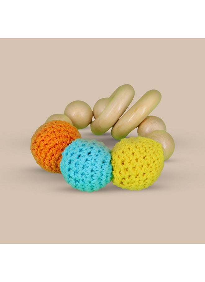 3-In-1 Handmade Wooden & Cloth Crochet Rattle For Babies(0 Months+) | Multicolor | Sensory Toy | Made In India | Play Based Learning