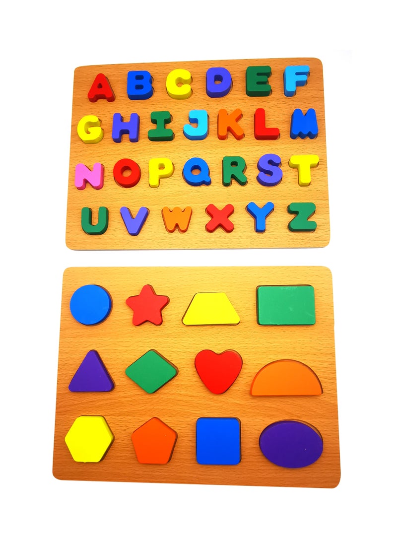 Educational Wooden Blocks Set Letters, Shapes, and Symbols ,Wooden Alphabet Blocks and Shape Symbol Combo Pack (Pack of 2)