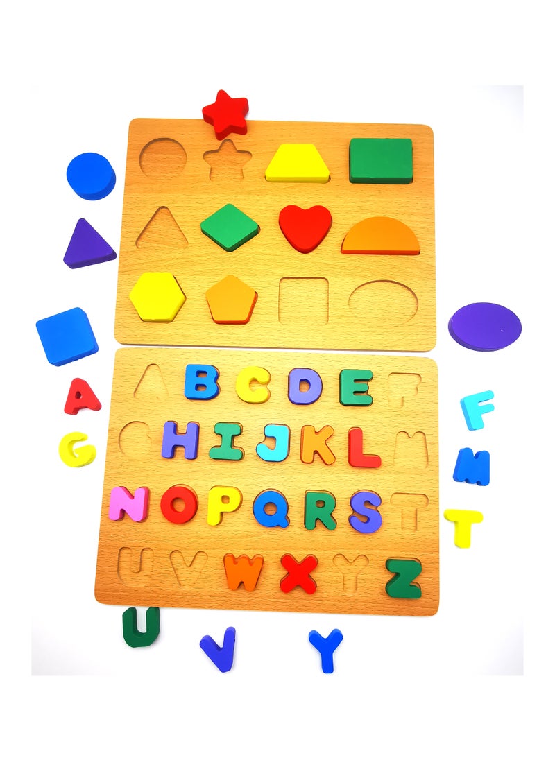 Educational Wooden Blocks Set Letters, Shapes, and Symbols ,Wooden Alphabet Blocks and Shape Symbol Combo Pack (Pack of 2)