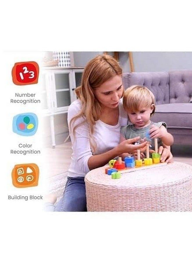 Wooden Geometric Shapes Stacking&Sorting Toy For 3+ Kids; Montessori Color Recognition Educational Learning Game (5 Shapes,Multicolor), 26 Pcs