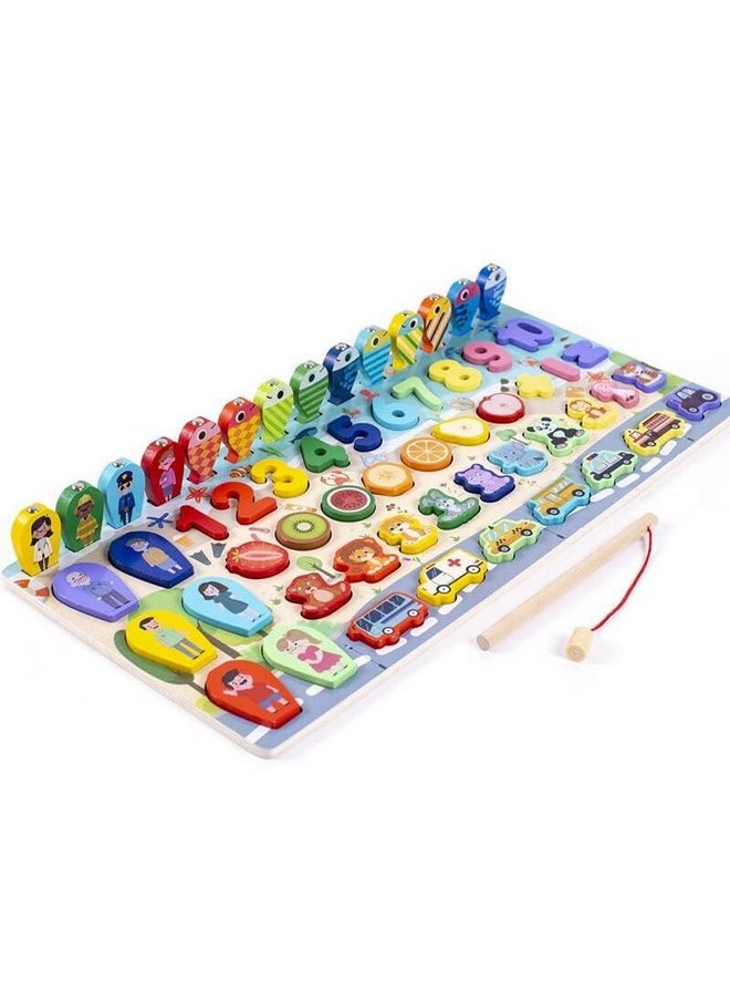 7 In 1 Wooden Alphabet, Numbers, Shapes Sorting & Stacking, Fishing Game; Early Learning Montessori Puzzle Blocks Toy For 3+ Year Kids