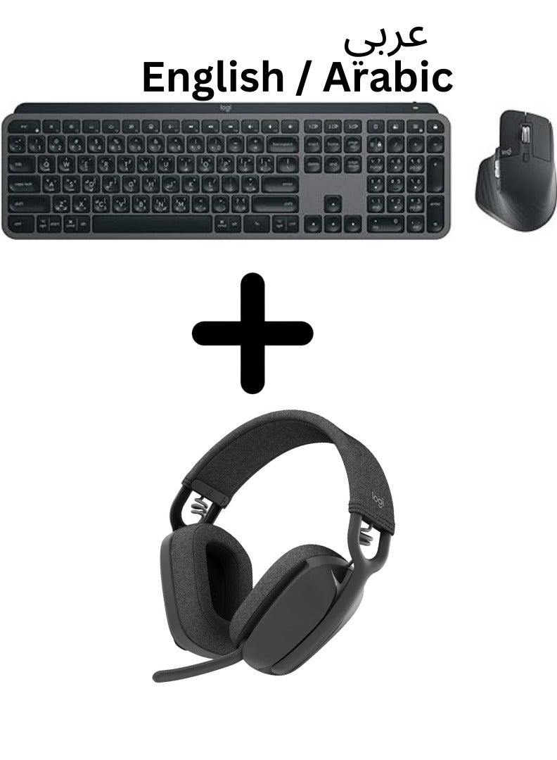 MX Keys S + MX Master 3S, - Performance Wireless Illuminated Keyboard and Mouse, Fluid typing, Fast Scrolling, Bluetooth, USB-C, Windows, Linux, Chrome, Mac - Arabic Layout+Logitech Zone Vibe 100 Lightweight Wireless Over-Ear Headphones with Noise-Cancelling Microphone, Advanced Multipoint Bluetooth Headset, Works with Teams, Google Meet, Zoom, Mac/PC - Graphite