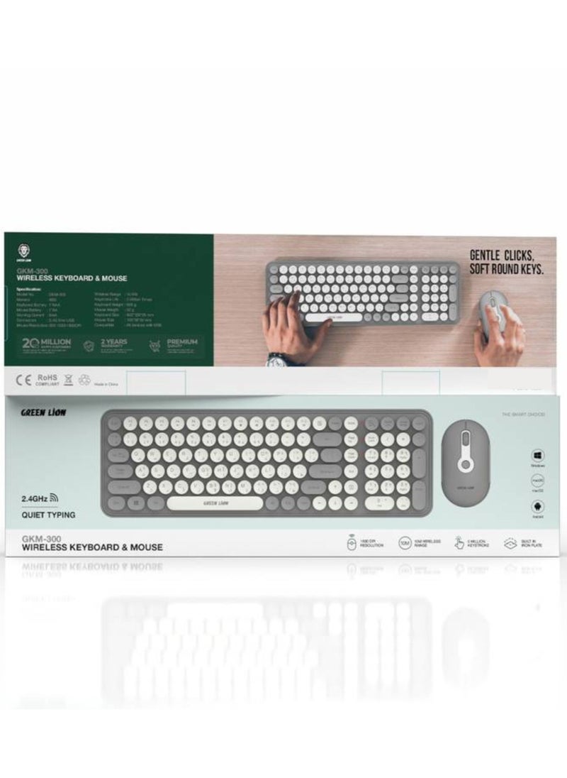 GKM-300 Wireless Keyboard & Mouse with Built-in Iron Plate, Quiet Typing, 5 Million Keystrokes, 1600 DPI Mouse Resolution, 10m Wireless Range - Gray