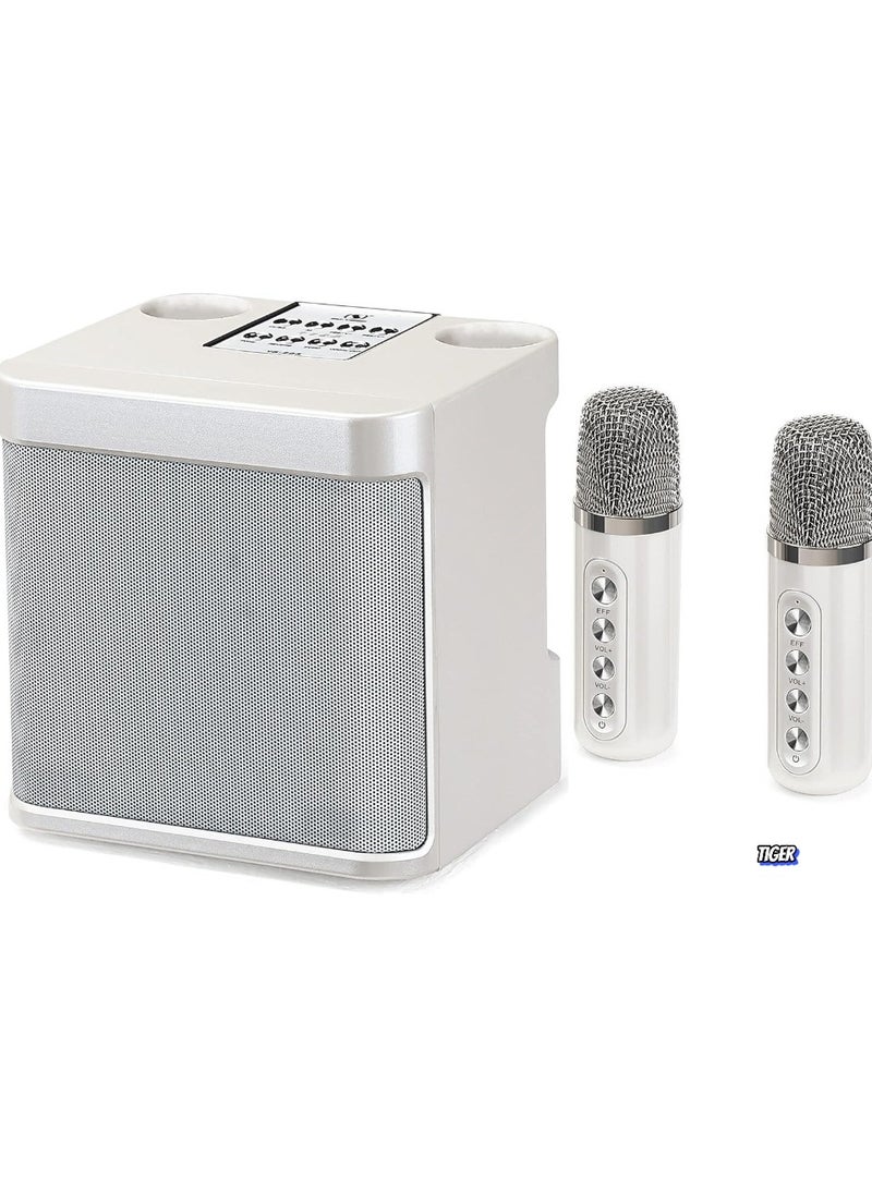 Rechargeable Speaker and Microphone Set | 1pc HD Sound Speaker & 2pcs Voice Changing Microphones Set | Portable High-Quality Deep Bass Stereo Soundbox (Beige) | Ideal for Karaoke, Parties, and Events