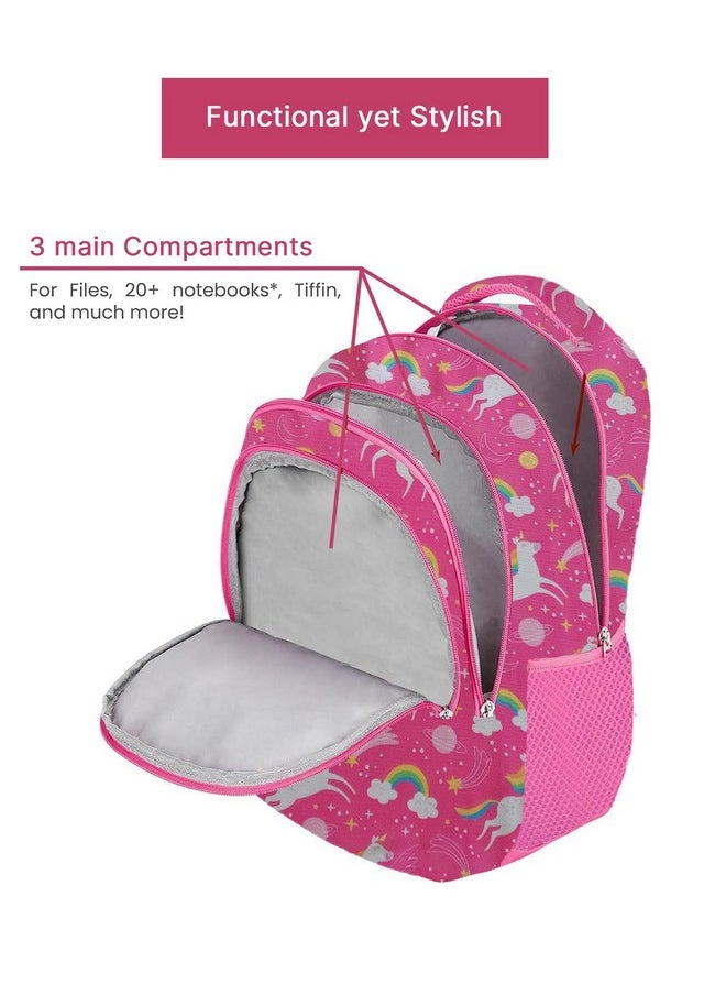 Waterproof Polyester 26 L School Backpack With Pencil/Staionery Pouch School Bag Daypack Picnic Bag For School Going Boys & Girls (Pink_Flying_Unicorn_B)