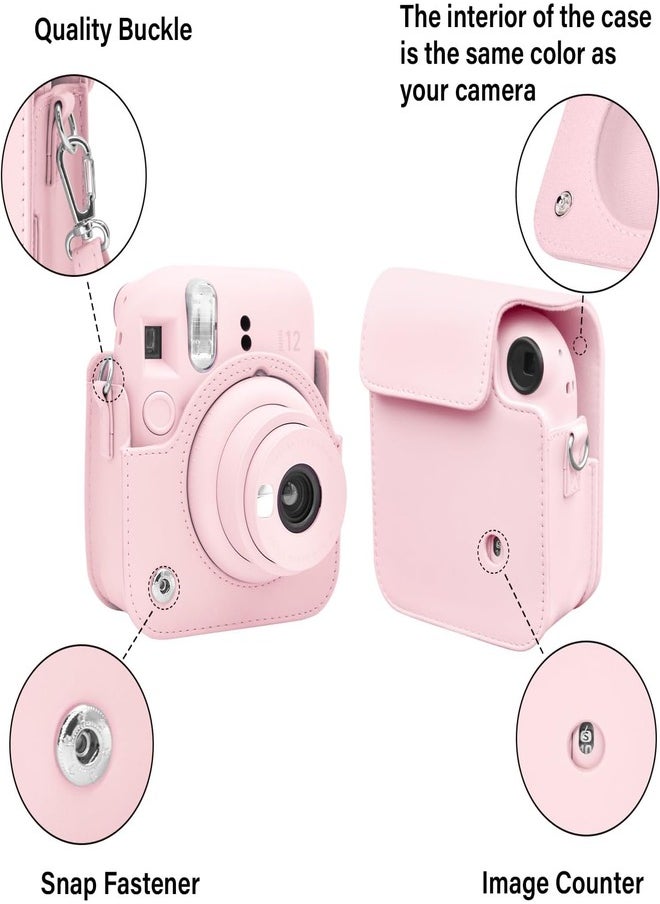 Protective Case for Fujifilm Instax Mini 12 Instant Camera, PU Leather Camera Carrying Bag Cover with Adjustable Shoulder Strap and Mini Photo Album 64 Pockets - Pink