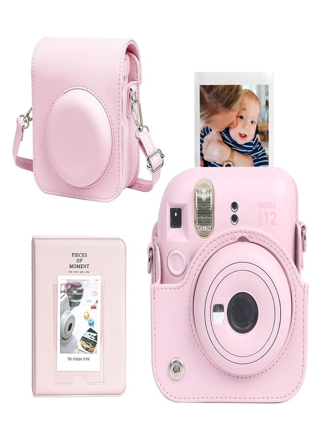 Protective Case for Fujifilm Instax Mini 12 Instant Camera, PU Leather Camera Carrying Bag Cover with Adjustable Shoulder Strap and Mini Photo Album 64 Pockets - Pink