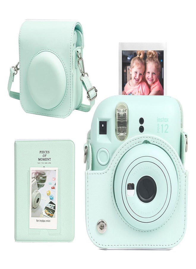 Protective Case for Fujifilm Instax Mini 12 Instant Camera, PU Leather Camera Carrying Bag Cover with Adjustable Shoulder Strap and Mini Photo Album 64 Pockets - Mint Green