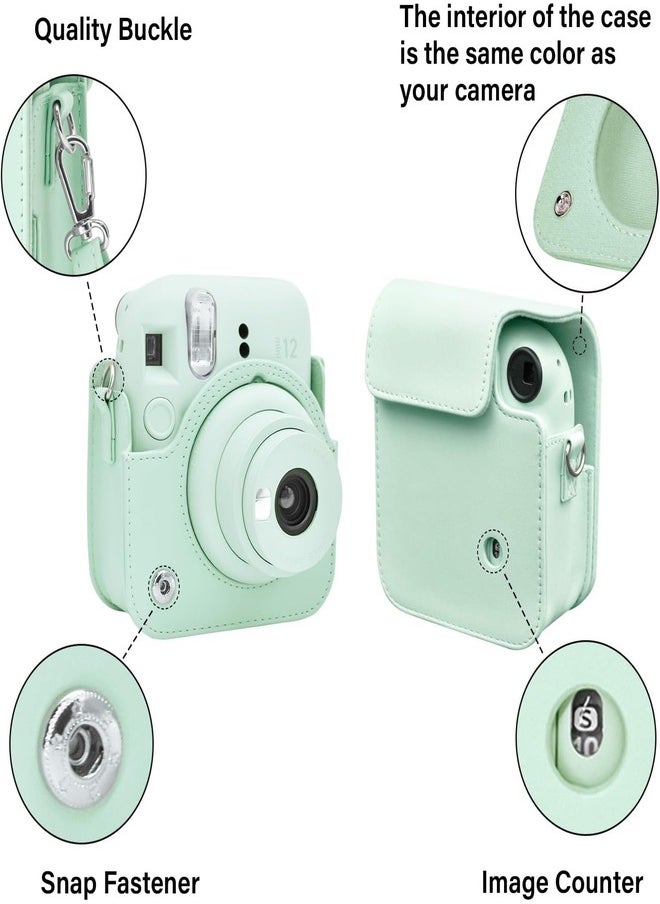 Protective Case for Fujifilm Instax Mini 12 Instant Camera, PU Leather Camera Carrying Bag Cover with Adjustable Shoulder Strap and Mini Photo Album 64 Pockets - Mint Green