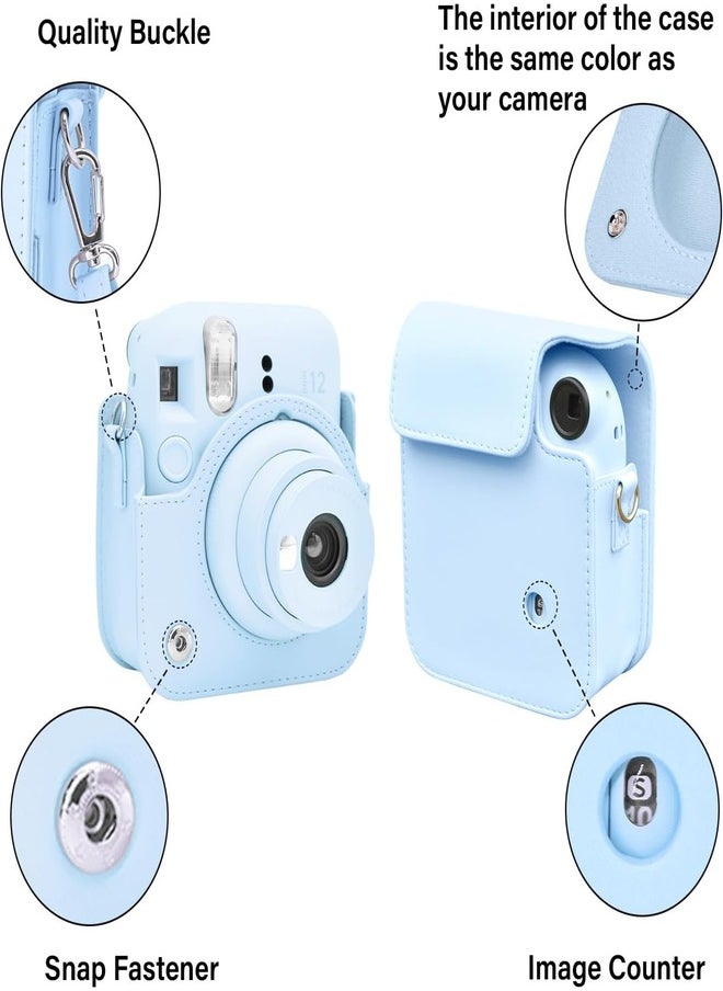 Protective Case for Fujifilm Instax Mini 12 Instant Camera, PU Leather Camera Carrying Bag Cover with Adjustable Shoulder Strap and Mini Photo Album 64 Pockets - Blue