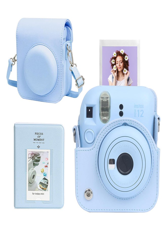 Protective Case for Fujifilm Instax Mini 12 Instant Camera, PU Leather Camera Carrying Bag Cover with Adjustable Shoulder Strap and Mini Photo Album 64 Pockets - Blue