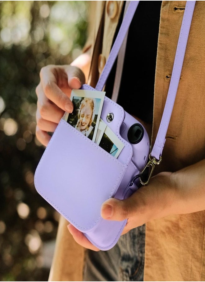 Protective Case for Fujifilm Instax Mini 12 Instant Camera, PU Leather Camera Carrying Bag Cover with Adjustable Shoulder Strap and Mini Photo Album 64 Pockets - Purple