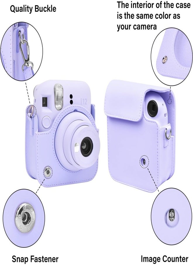 Protective Case for Fujifilm Instax Mini 12 Instant Camera, PU Leather Camera Carrying Bag Cover with Adjustable Shoulder Strap and Mini Photo Album 64 Pockets - Purple