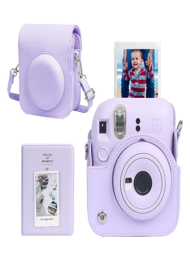 Protective Case for Fujifilm Instax Mini 12 Instant Camera, PU Leather Camera Carrying Bag Cover with Adjustable Shoulder Strap and Mini Photo Album 64 Pockets - Purple