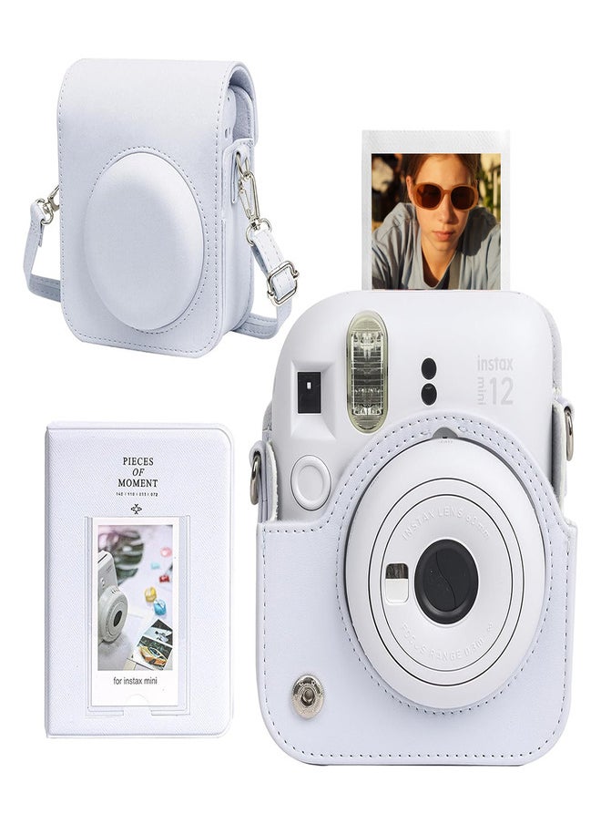 Protective Case for Fujifilm Instax Mini 12 Instant Camera, PU Leather Camera Carrying Bag Cover with Adjustable Shoulder Strap and Mini Photo Album 64 Pockets - White