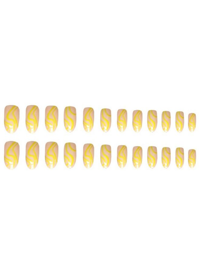 Canary Swirls Long Oval Press On Nails Artificial Nails, Reusable Fake Nails, Set Of 22 False Nails Universally Sized Nail Extensions For Women Press- On Nails, Longlasting Fake Nails With Glue Glossy Finish (Yellow Color On Nude Base)