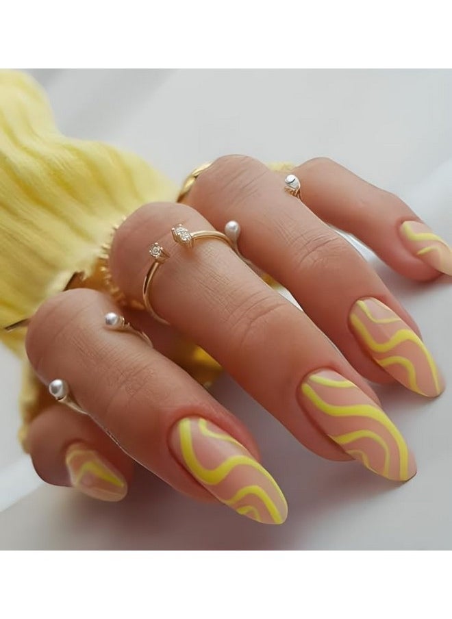 Canary Swirls Long Oval Press On Nails Artificial Nails, Reusable Fake Nails, Set Of 22 False Nails Universally Sized Nail Extensions For Women Press- On Nails, Longlasting Fake Nails With Glue Glossy Finish (Yellow Color On Nude Base)