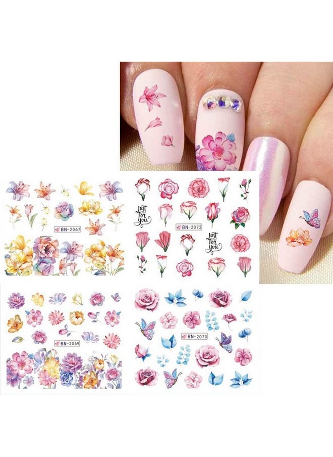 12 Sheets Water Transfer, Nail Fashion Sticker Decal, Rose Butterfly Leaf Flower Diy Manicure