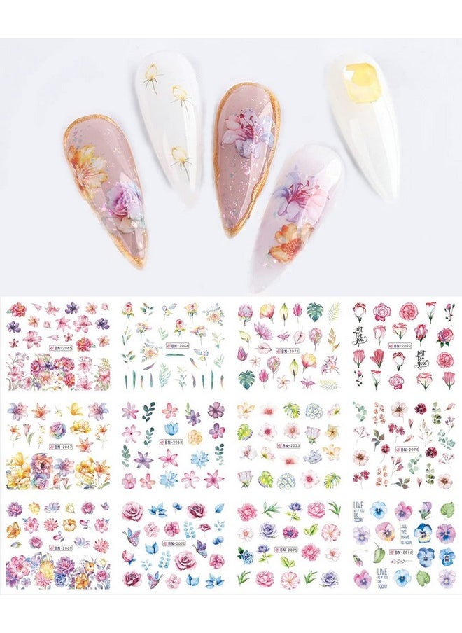 12 Sheets Water Transfer, Nail Fashion Sticker Decal, Rose Butterfly Leaf Flower Diy Manicure