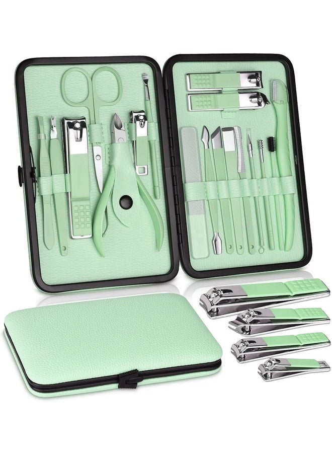 Premium Manicure Set, 18Pcs Nail Clippers Pedicure Kit With Pu Leather Case Nail Care Kit Professional Tools Gift For Women Wife Girlfriend Parents (Green And Black)