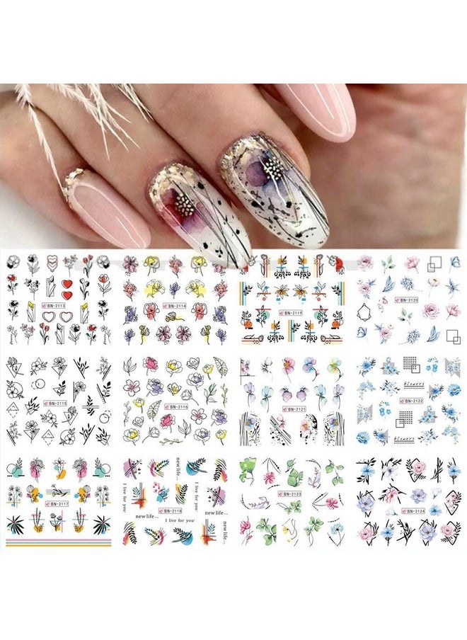 12 Sheets Colorful Flower Leaves, Water Transfer Nail Sticker, Decals Diy For Manicure