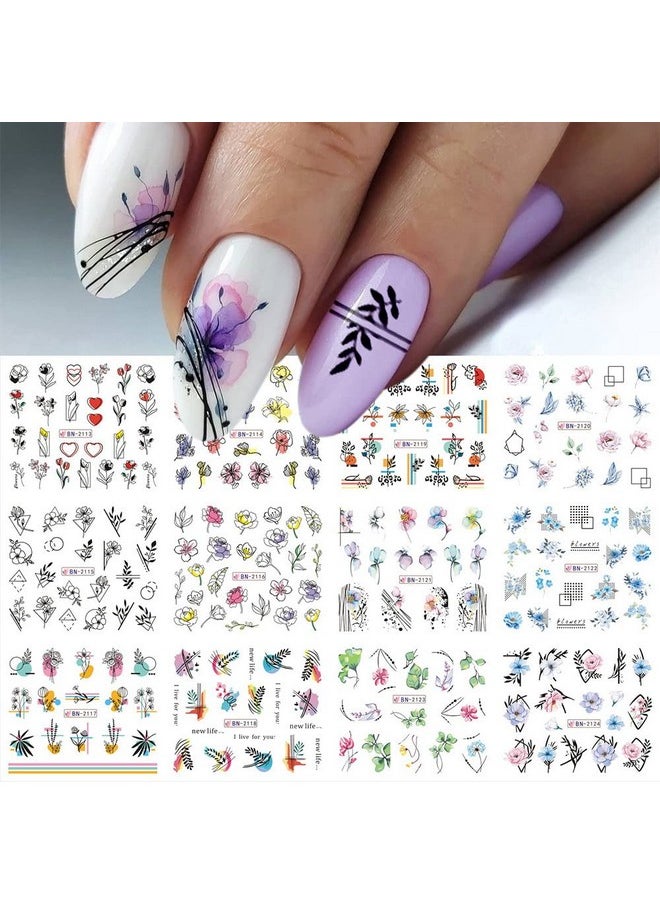 12 Sheets Colorful Flower Leaves, Water Transfer Nail Sticker, Decals Diy For Manicure