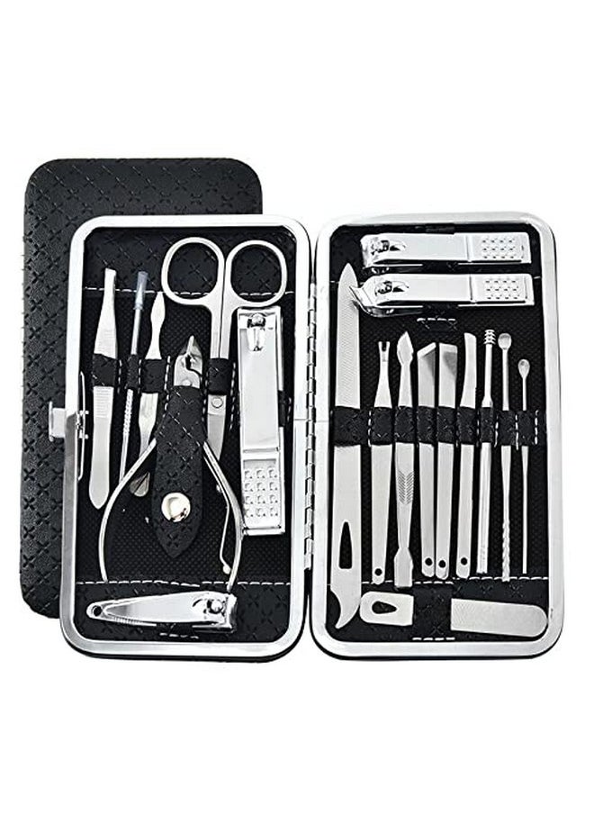 19 In 1 Stainless Steel Manicure & Pedicure Kit For Men And Women Includes A Nail Cutter And Filer, Acne Needle, With Leather Case