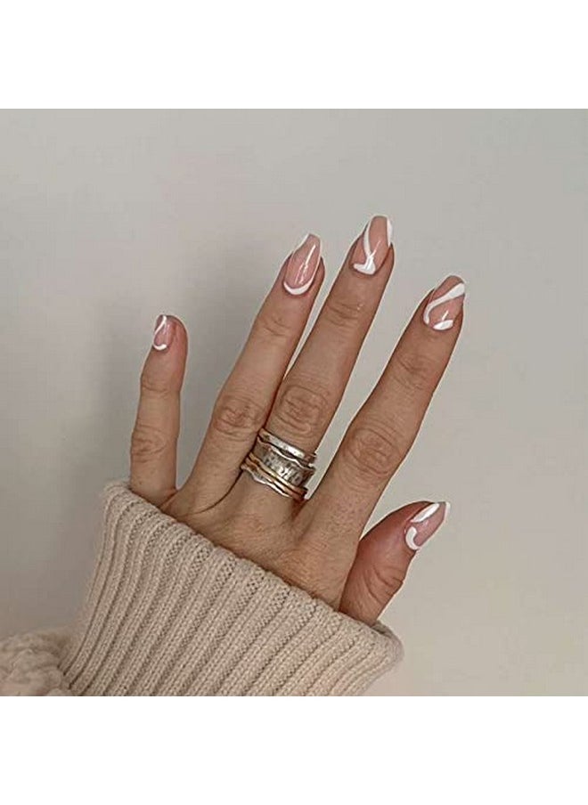 White Swirls Short Press On Nails Artificial Nails, Reusable Fake Nails, Set Of 22 False Nails Universally Sized Nail Extensions For Women Press- On Nails, Longlasting Fake Nails With Glue Glossy Finish ( White Colour On Nude Base)