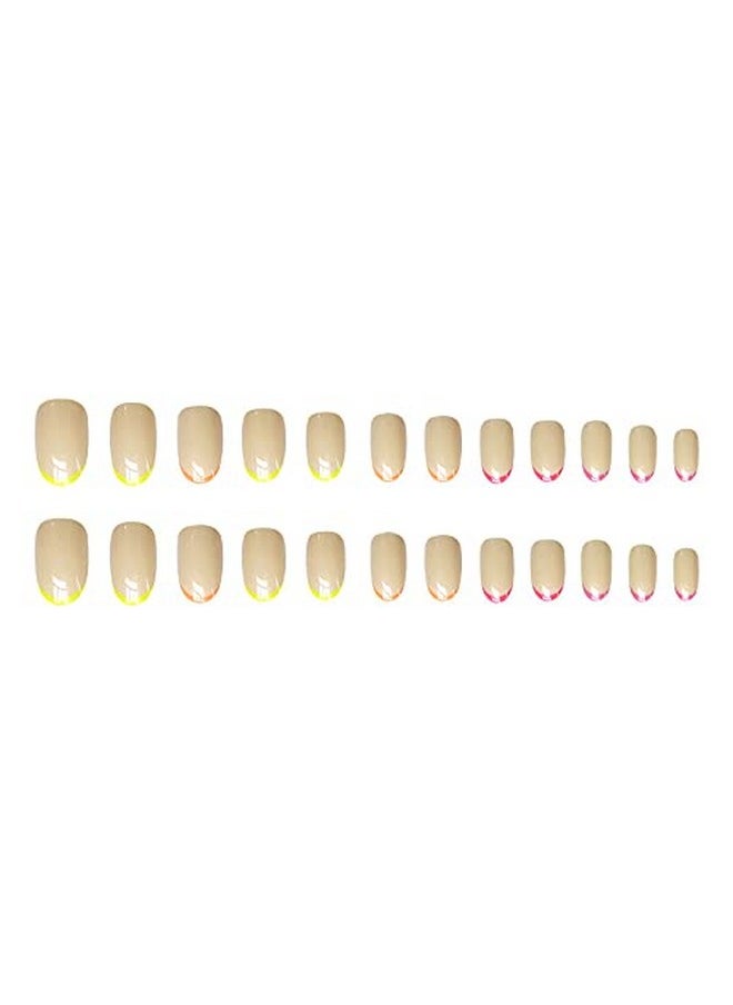 Tips On Love Round Press On Nails Artificial Nails, Reusable Fake Nails, Set Of 22 False Nails Universally Sized Nail Extensions For Women Press- On Nails, Longlasting Fake Nails With Glue Glossy Finish ( Nude Base With Assorted Colour Tips )