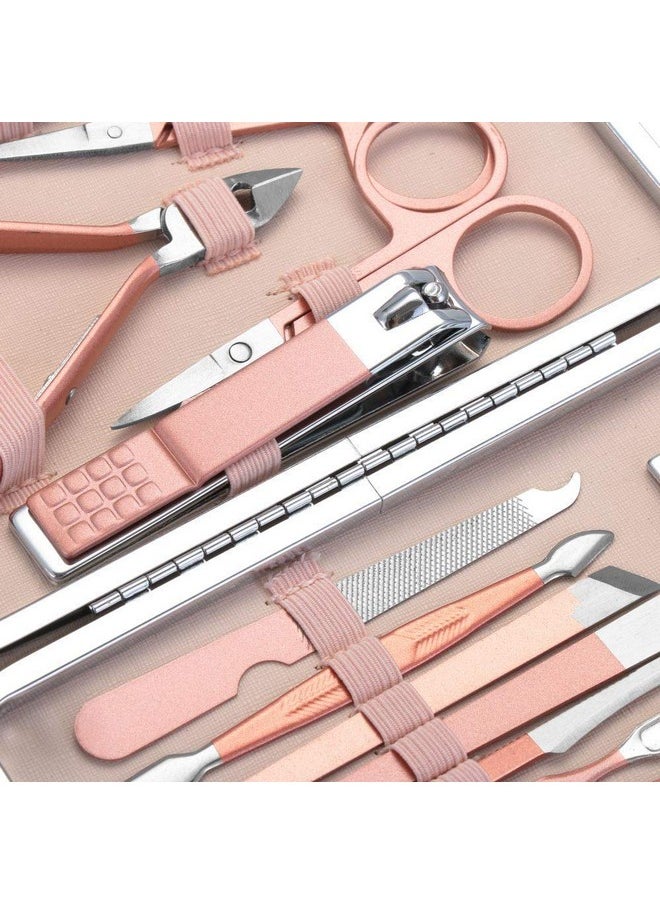 18 In 1 Stainless Steel Professional Manicure & Pedicure Kit For Women Includes Scissors A Nail Cutter, Acne Remover Needle, Blackhead Tool With Leather Case