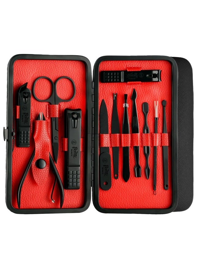 Essentials Manicure Set Nail Clippers, Stainless Steel Nail Scissors Grooming Kit, Acne Needle, Blackhead Tool Leather Travel Case (Red)