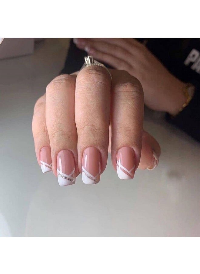 Silver Line French Square Press On Nails Artificial Nails, Reusable Fake Nails, Set Of 22 False Nails Universally Sized Nail Extensions For Women Press- On Nails, Longlasting Fake Nails With Glue Glossy Finish ( Silver Line Detailing Base Pinkish Nude With White Tips )