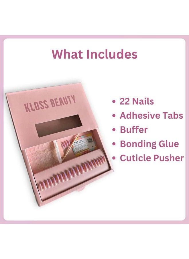 Silver Line French Square Press On Nails Artificial Nails, Reusable Fake Nails, Set Of 22 False Nails Universally Sized Nail Extensions For Women Press- On Nails, Longlasting Fake Nails With Glue Glossy Finish ( Silver Line Detailing Base Pinkish Nude With White Tips )