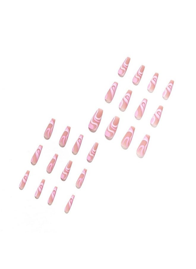 Candy Swirls Pink Coffin Press On Nails Artificial Nails, Reusable Fake Nails, Set Of 22 False Nails Universally Sized Nail Extensions For Women Press- On Nails, Longlasting Fake Nails With Glue Matt Finish ( Base Nude With Pink Swirls )