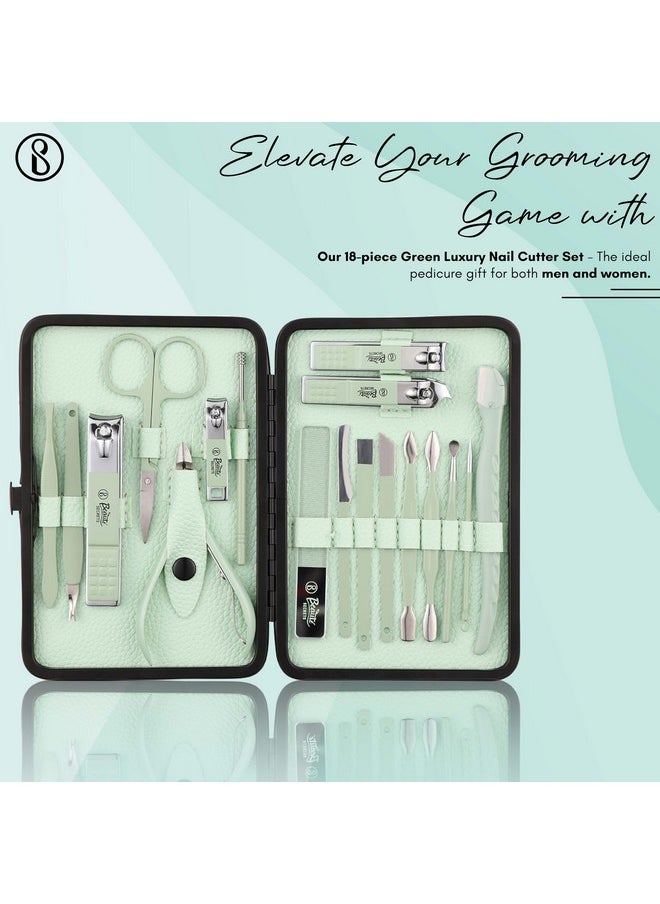 Luxury Nail Cutter Set, 18 Pieces Grooming Kit (Eyebrow Razor, Tweezer, Hair Plucker, Baby Nail Cutter, Ear Cleaner,Nail Cleaner,) Pedicure Gift For Men And Women (Green)