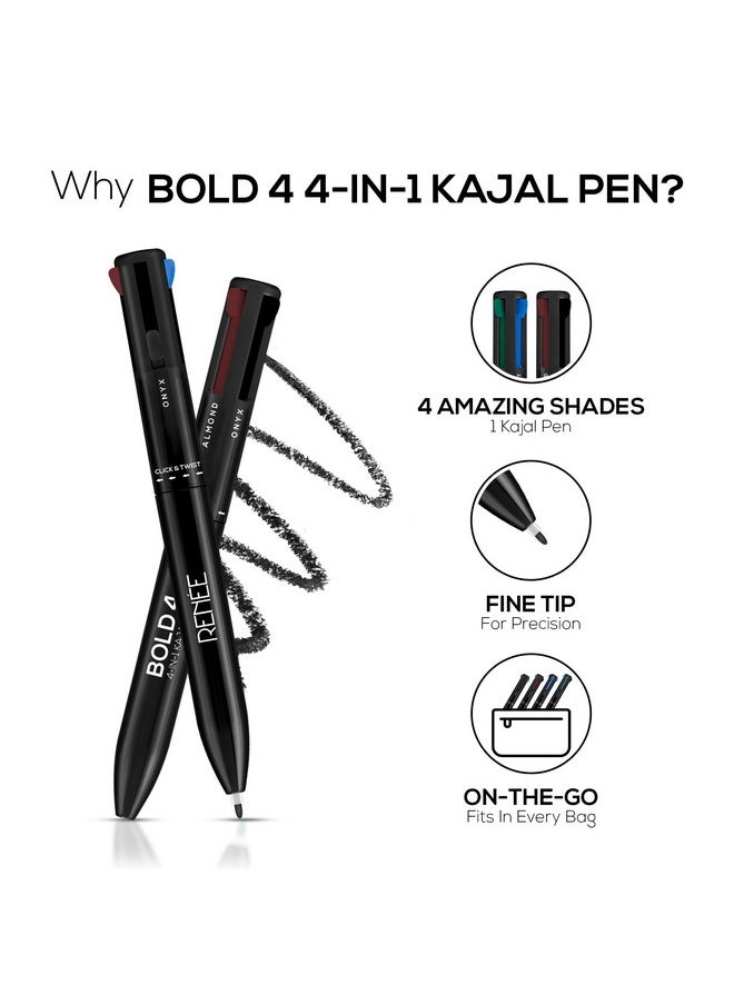 Bold 4-4-In-1 Kajal - Four Shades Black, Brown, Teal & Blue - Matte Finish, Rich Color Payoff, One-Stroke Application, Travel Friendly & Easy To Use