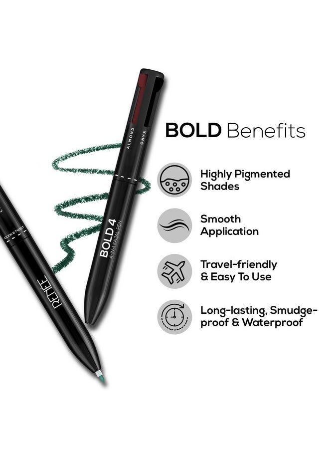 Bold 4-4-In-1 Kajal - Four Shades Black, Brown, Teal & Blue - Matte Finish, Rich Color Payoff, One-Stroke Application, Travel Friendly & Easy To Use