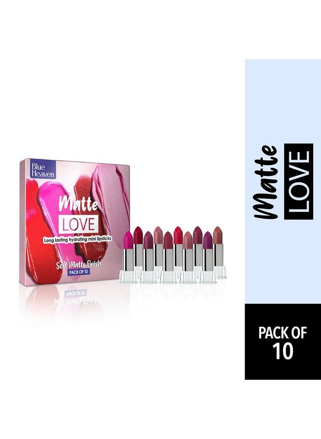 Matte Love Mini Lipsticks Pack Of 10 | Long Lasting, Hydrating & Moisturizing Mini Roll On Lipsticks For Women | Soft-Matte Finish | 13G