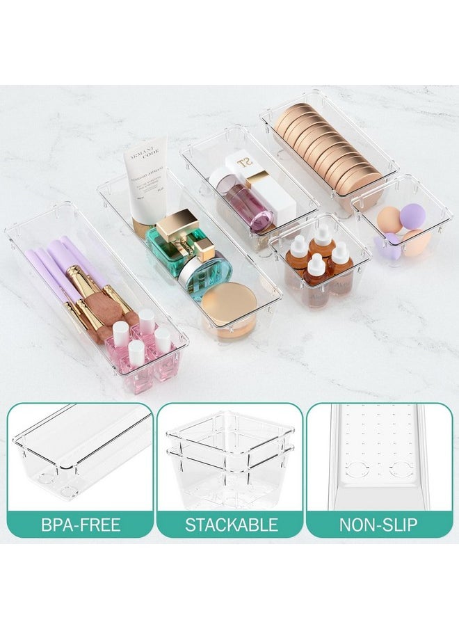 Zollyss Desk Drawer Organizer Trays Various Size Bathroom Drawer Tray Dividers Plastic Vanity Organizers Storage Bins For Makeup Cosmetics Dresser Kitchen Office(Clear)(6 Pcs),Rectangular,Transparent