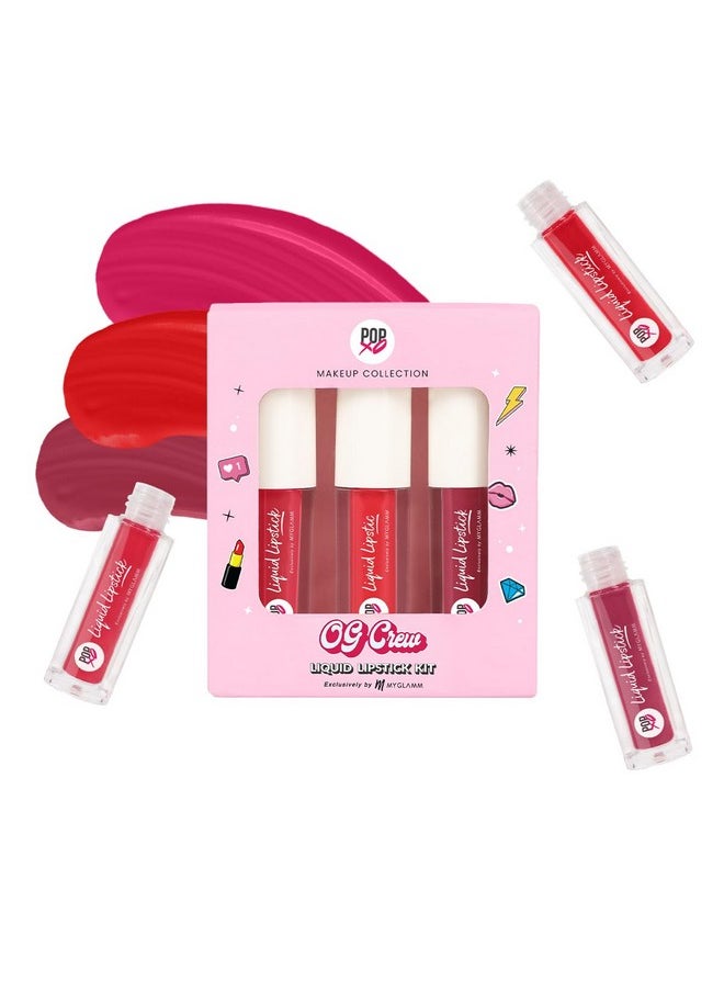 Popxo Makeup- Matte Finish Liquid Lipstick Kit - Og Crew -1.5G (Set Of 3) | Blair, Cheryl, & Emily (Wine Red, Pink, Britgh Red) Shade | Enriched With Cocoa Butter & Vitamin E