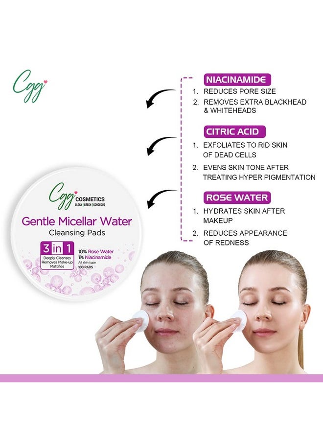 Gentle Micellar Water Cleansing Pads With 10% Rose Water And 0.5% Niacinamide For Deeply Cleanses, Removes Make-Up, Mattifies - 100 Pads