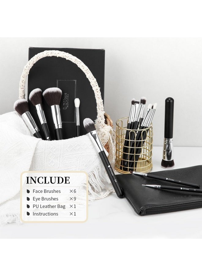 DUcare Premium Synthetic Kabuki Foundation Eyeshadow Makeup Brushes With Cosmetic Bag Set (Black), 15 Pcs