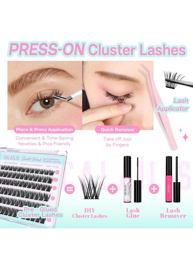 Self Adhesive Eyelashes 72Pcs D Curl No Glue Needed Wispy Lash Clusters Press On Diy Cluster Lashes Pre Glued Reusable Glueless Eyelash Clusters Kit With Tweezers For Beginners (Zbp10)