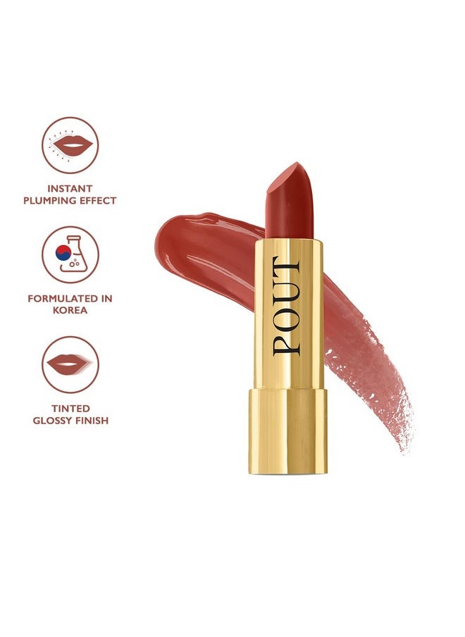 Pout By Karan Johar Tinted Plumping Lipstick | Glossy Lipstick For Women With Petal Glow Finish | Buildable Colour & Shine | Moisturising Formula | Wake Up Pout (Coral Brown Shade) | 3.5G