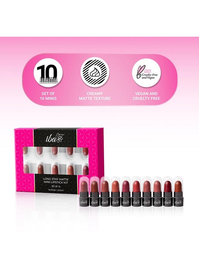 Long Stay Creamy Matte Micro Mini Lipstick Kit | Bullet Matte Lipstick Set | Highly Pigmented And Long Lasting | Hydrating & Moisturizing Mini Lipsticks Set For Women | Mini Lipstick Combo Pack | (Set Of 10) 12 G (1.2 G Each)