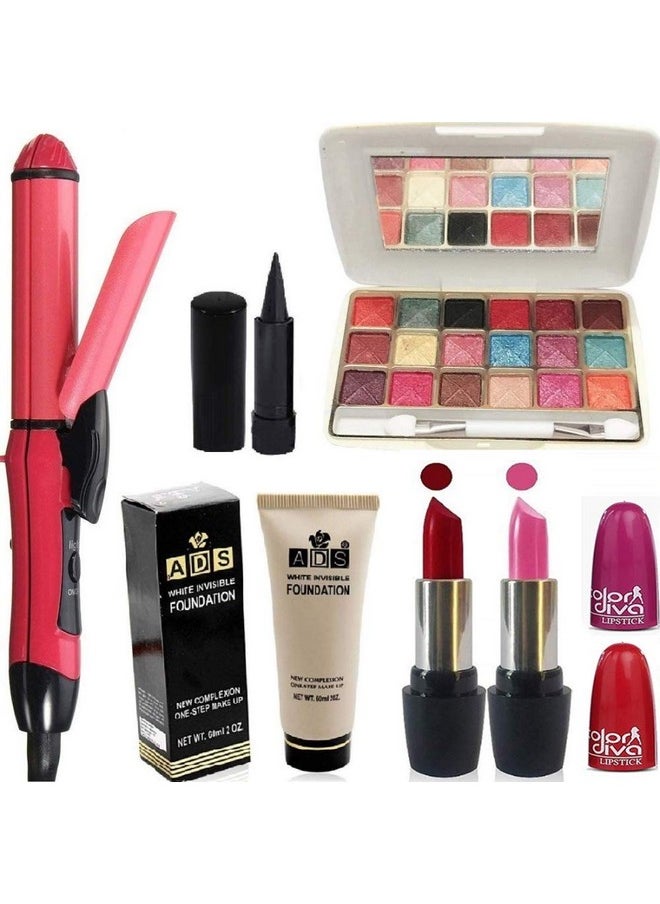 Makeup Kit Combo Pack(Pink Red Lipstick,Kajal,Foundation,18Colour Mini Eyeshadow,2 In 1 Hair Straightener And Curler)