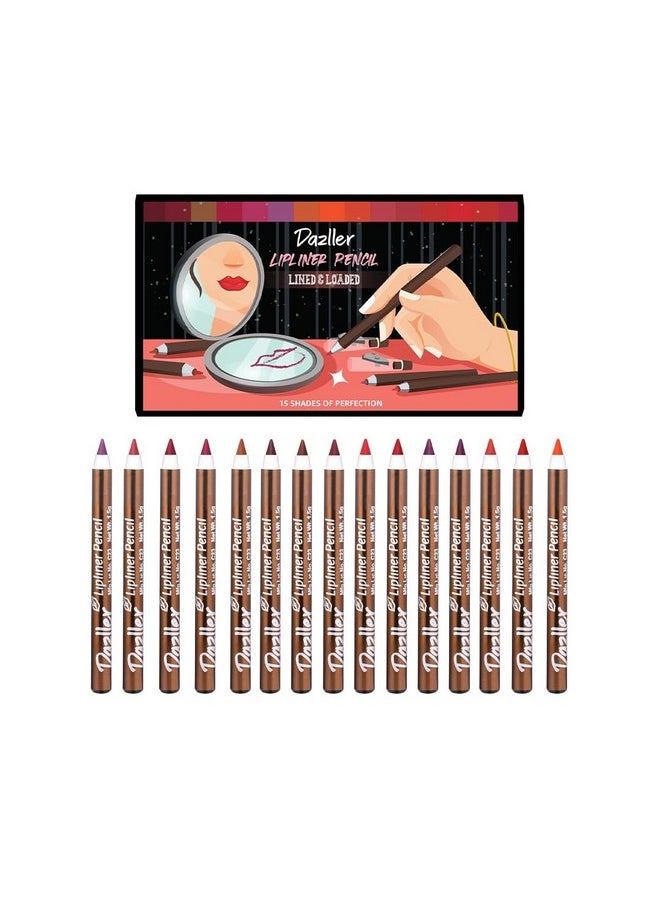 Lined & Loaded Lip Liner With In-Built Sharpener (Pack Of 15) - Matte Finish | Lightweight | Precise | Long Lasting | With Carnauba & Castor Oil | 15 Shades Of Perfection