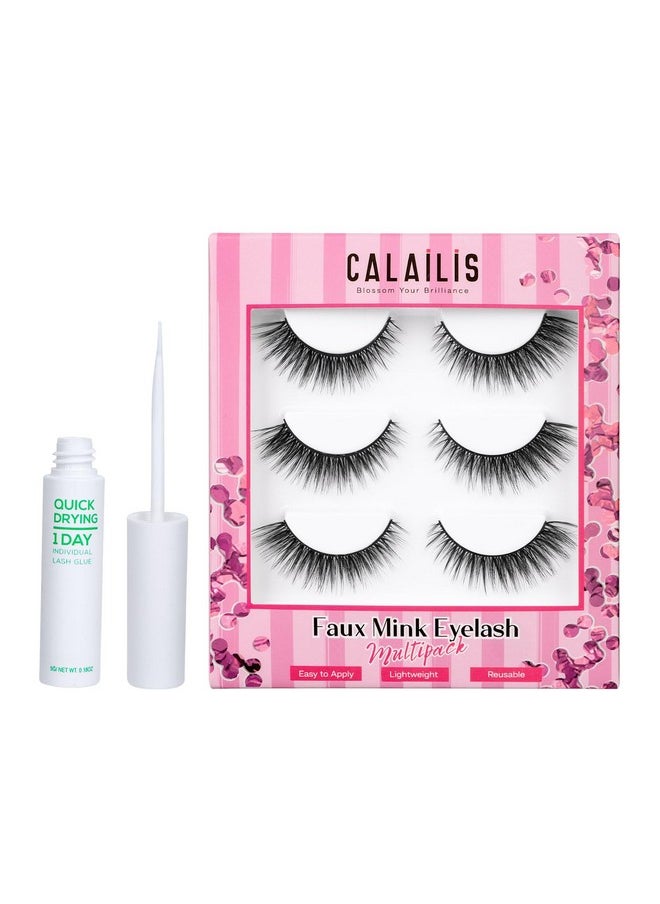 False Eyelash, Eye Makeup Lash 3D Faux Mink Fake Eyelash Long Natural Eyelashes 3 Pairs With 5G False Eyelash Glue (Cs30)