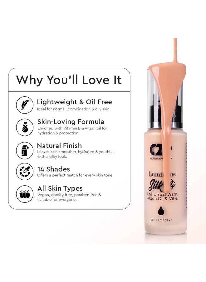 C2P Pro Luminous Silk Liquid Foundation Medium Tan 06, 30 Ml | Provides Full Coverage & Absorbs Oil | Enriched With Argan Oil & Vitamin E | Suitable For All Skin Types
